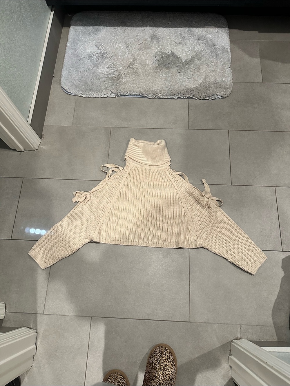 Fashion Nova Cream Open-Shoulder Cropped Turtleneck Sweater